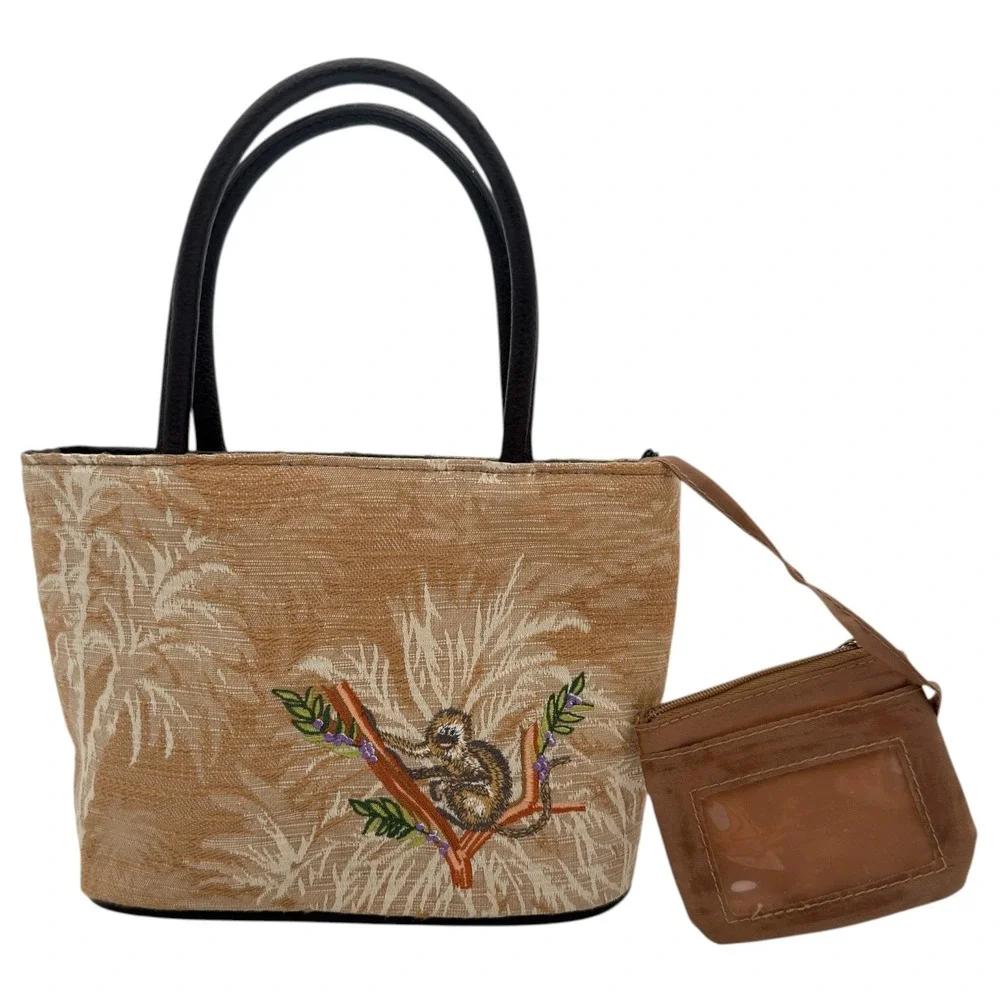 Bueno Monkey Embroidered Tapestry Mini Tote‎ Bag Tropical Palm Shoulder Purse